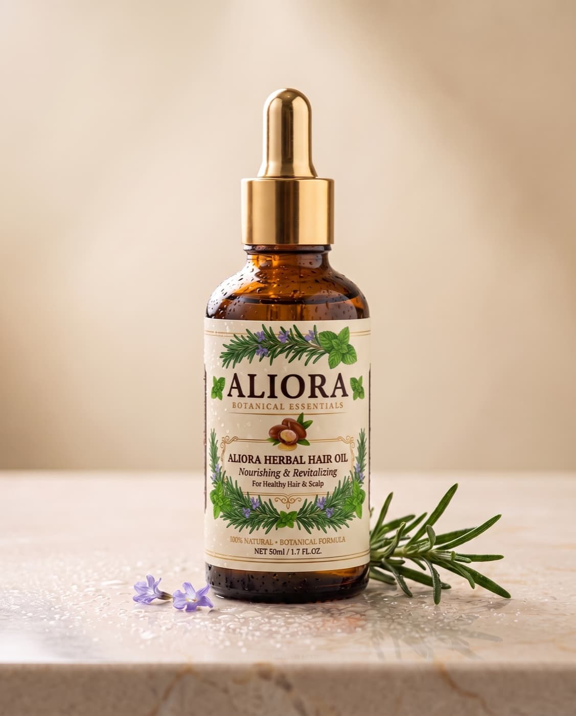 Aliora Herbal Hair Oil in a 50 ml amber dropper bottle, on marble with rosemary