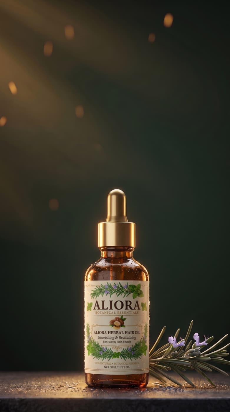 An Aliora Herbal Hair Oil bottle on dark stone, lit by warm golden light, with a rosemary sprig at its base